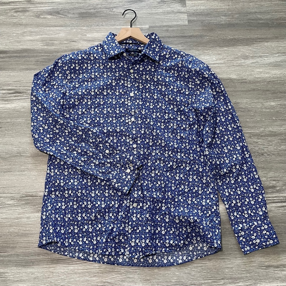 Tommy Hilfiger Blue Floral Button Down Shirt TH Flex Supima Slim Fit Stretch L